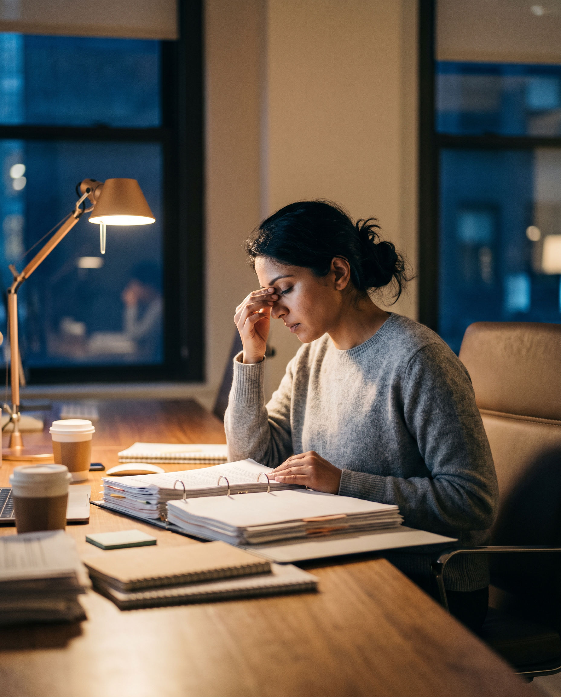 An auditor working alone at a desk in the evening, reading through a large binder of workpapers.