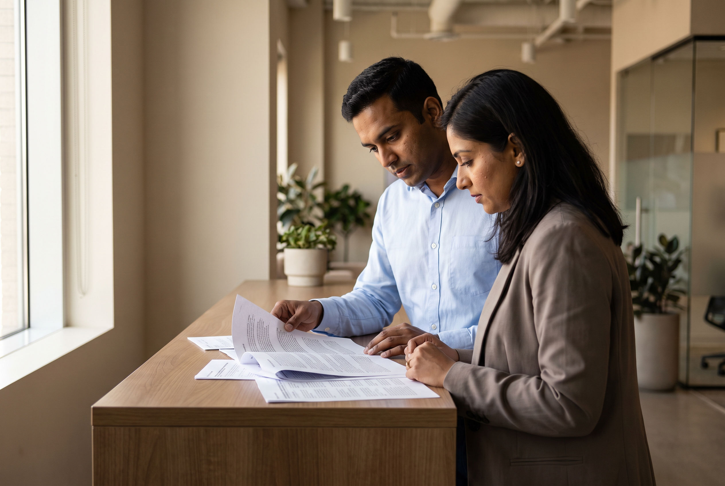 Two colleagues standing at a counter, working through a spread of printed audit workpapers together.